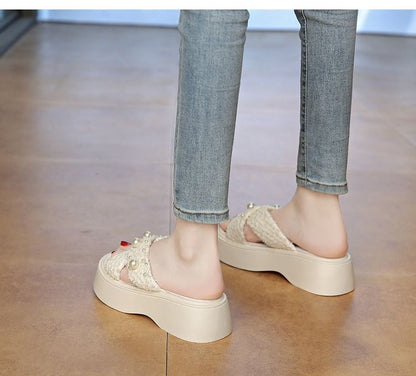 Criss Slide Platform Sandals Pearl Cross Faux
