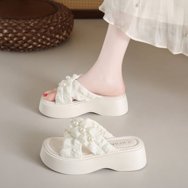 Slide Faux Platform Criss Sandals Cross Pearl