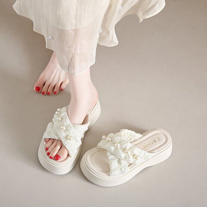 Slide Faux Platform Criss Sandals Cross Pearl