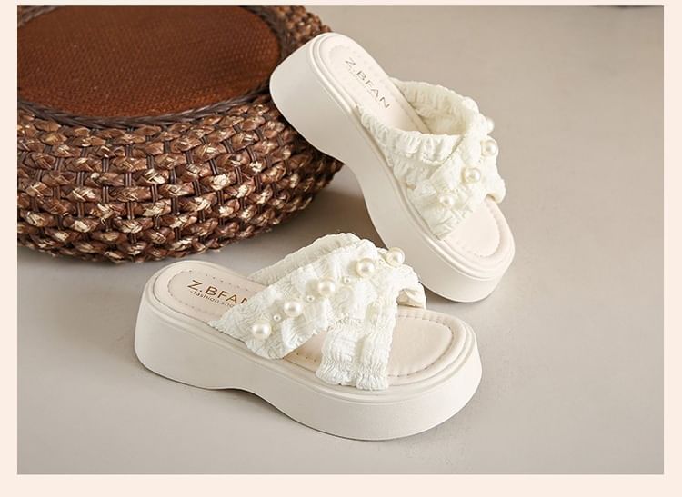 Slide Faux Platform Criss Sandals Cross Pearl