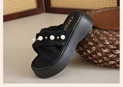 Slide Faux Platform Criss Sandals Cross Pearl