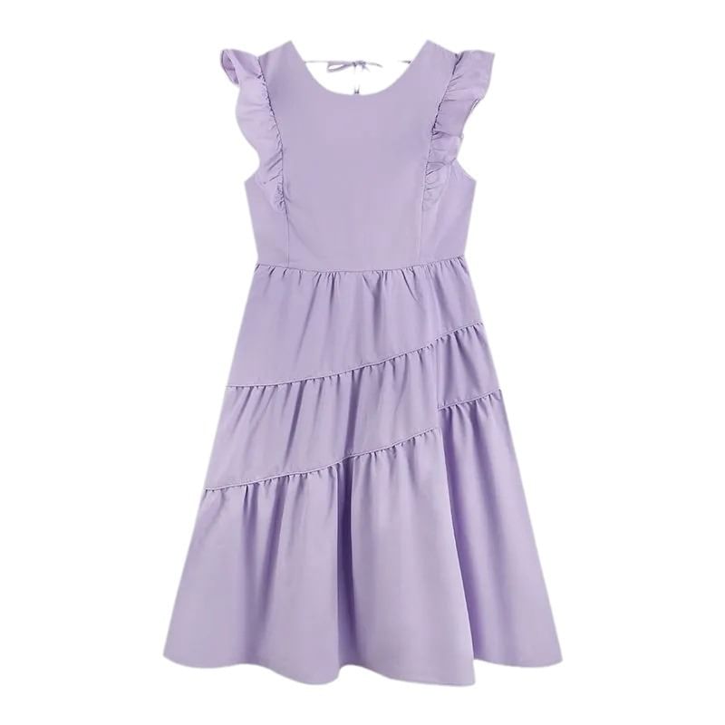 A-Line Trim Dress Midi Tiered Cap-Sleeve Neck Ruffle Round Plain
