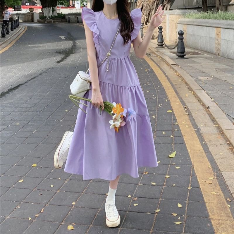 A-Line Trim Dress Midi Tiered Cap-Sleeve Neck Ruffle Round Plain