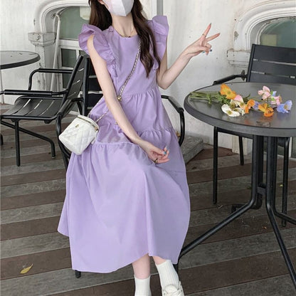 A-Line Trim Dress Midi Tiered Cap-Sleeve Neck Ruffle Round Plain