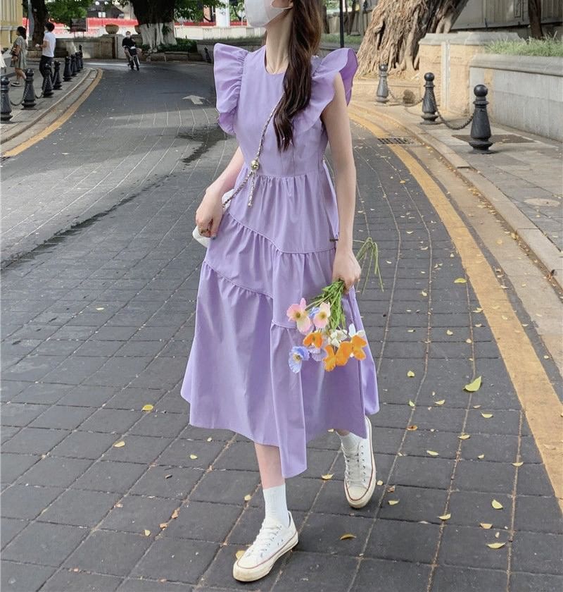 A-Line Trim Dress Midi Tiered Cap-Sleeve Neck Ruffle Round Plain