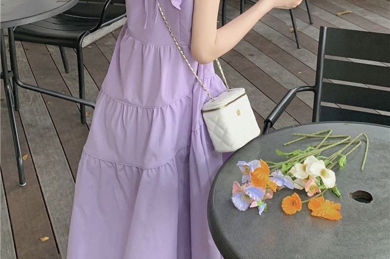 A-Line Trim Dress Midi Tiered Cap-Sleeve Neck Ruffle Round Plain