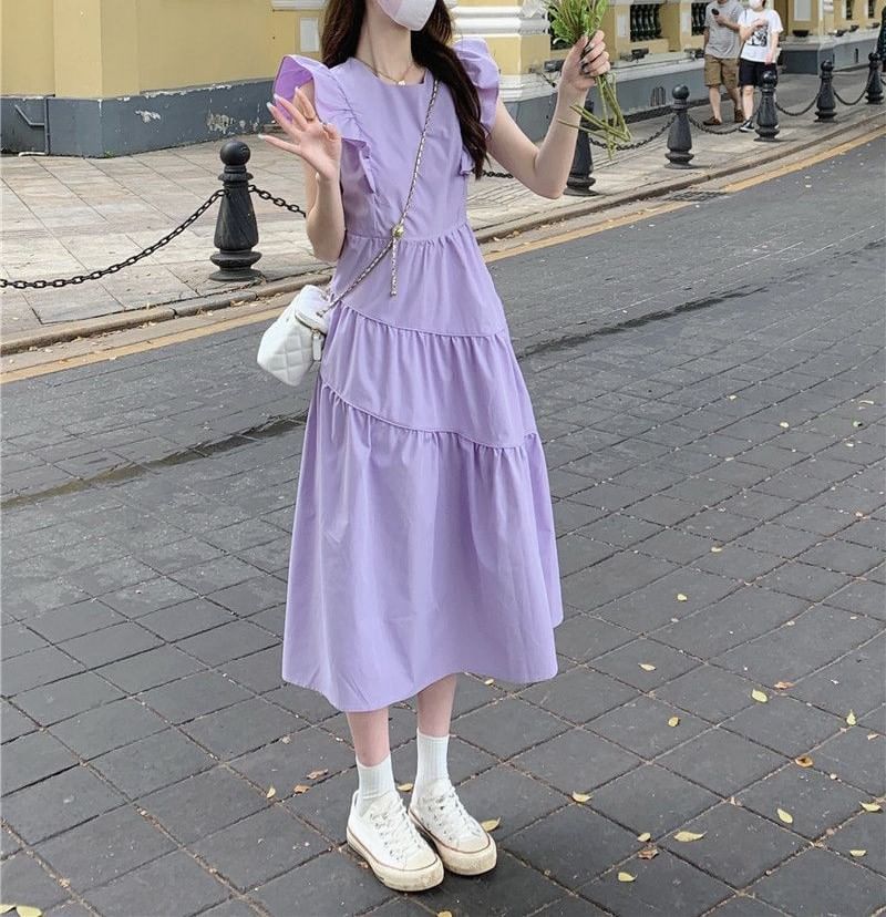 A-Line Trim Dress Midi Tiered Cap-Sleeve Neck Ruffle Round Plain