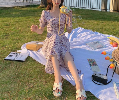 A-Line Floral Dress Midi Puff-Sleeve Slit