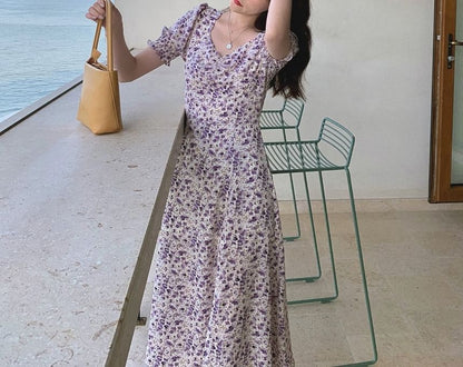 A-Line Floral Dress Midi Puff-Sleeve Slit
