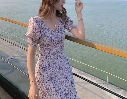A-Line Floral Dress Midi Puff-Sleeve Slit