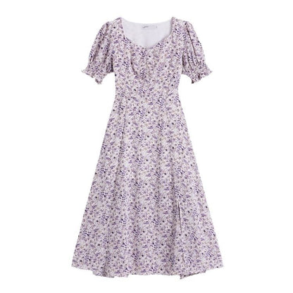 A-Line Floral Dress Midi Puff-Sleeve Slit
