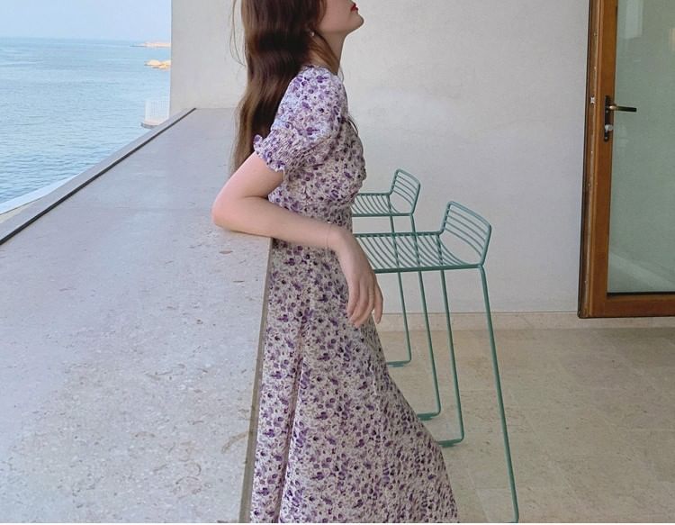 A-Line Floral Dress Midi Puff-Sleeve Slit