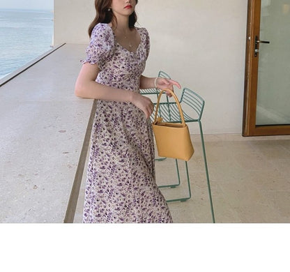 A-Line Floral Dress Midi Puff-Sleeve Slit