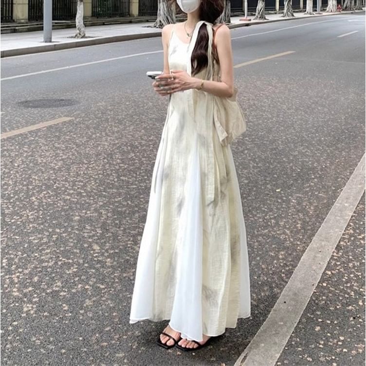 Dress Print Strap A-Line Midi Spaghetti