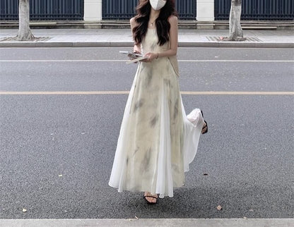 Dress Print Strap A-Line Midi Spaghetti