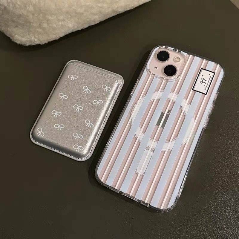Striped Magsafe Compatible iPhone Case / Bow Print Card Case / Set