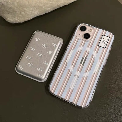Striped Magsafe Compatible iPhone Case / Bow Print Card Case / Set