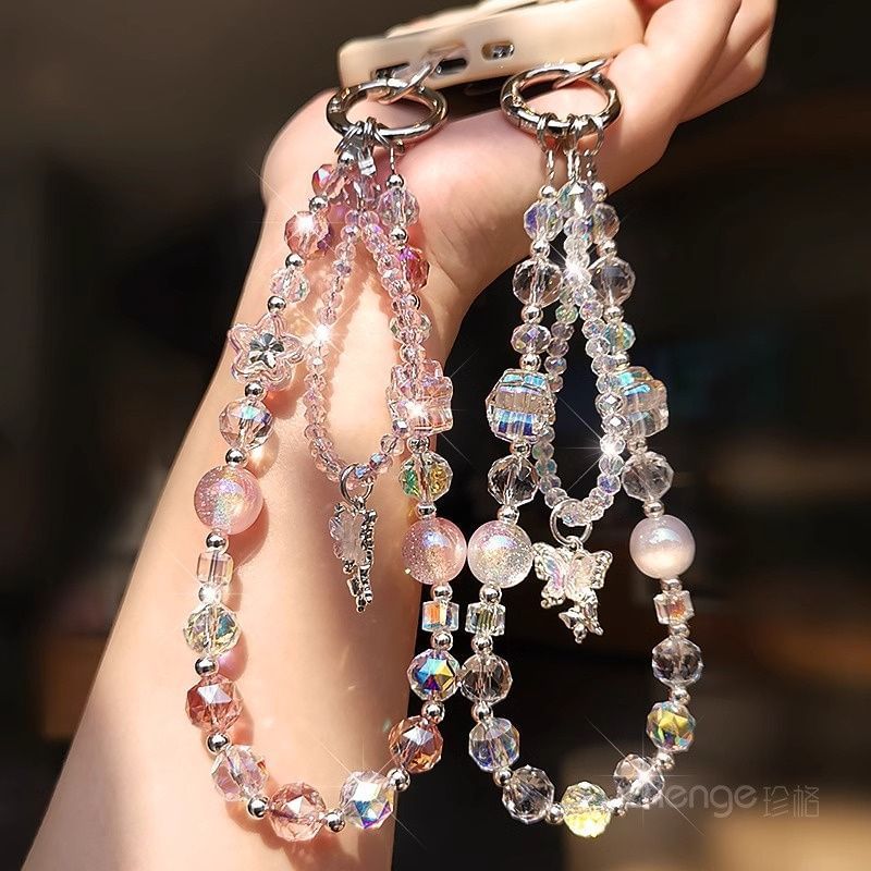 Phone Butterfly Beaded Wrist with Lanyard Faux Strap Pad Crystal
