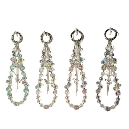 with Wrist Butterfly Lanyard Strap Pad Faux Phone Pearl