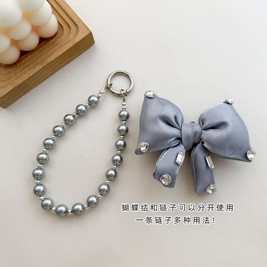 Rhinestone Pearl Pad Faux Bow Lanyard Phone with Charm