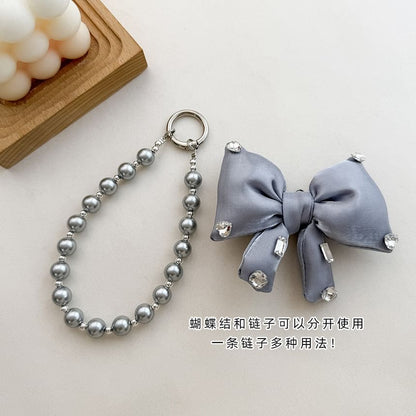 Rhinestone Pearl Pad Faux Bow Lanyard Phone with Charm