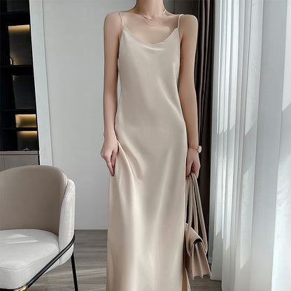 V-Neck Satin Spaghetti Midi A-Line Plain Dress Strap