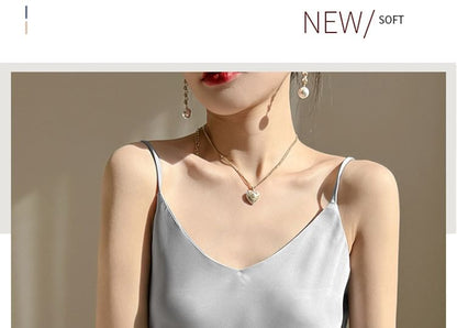 Spaghetti Strap V-Neck Plain Satin Midi A-Line Dress