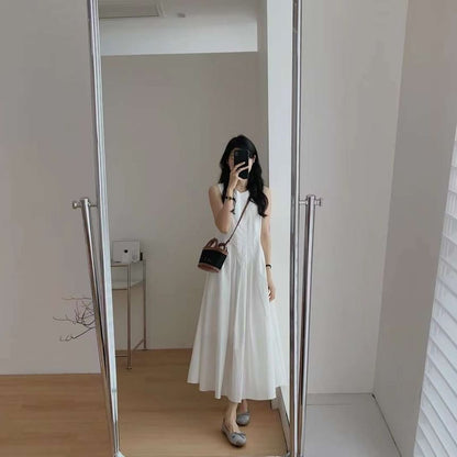 Sleeveless Crew Neck Plain Pleated Midi A-Line Dress