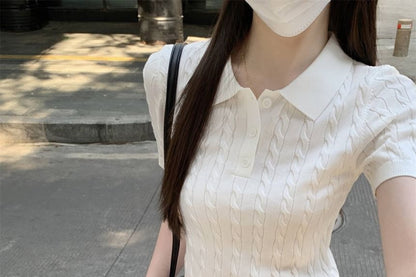 Wholesale Sample Short-Sleeve Plain Cable Knit Crop Polo Shirt
