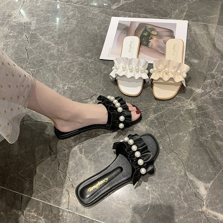Pearl Sandals Ruffle Faux Slide