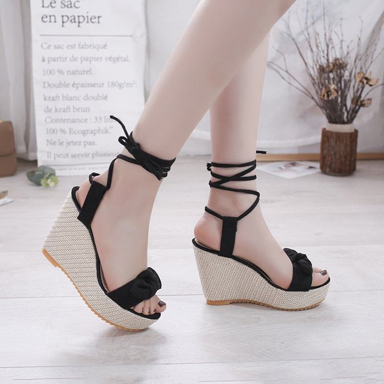 Wedge Tie-Up Sandals Platform Bow