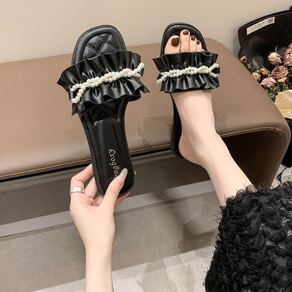 Ruffle Pearl Slide Sandals Faux
