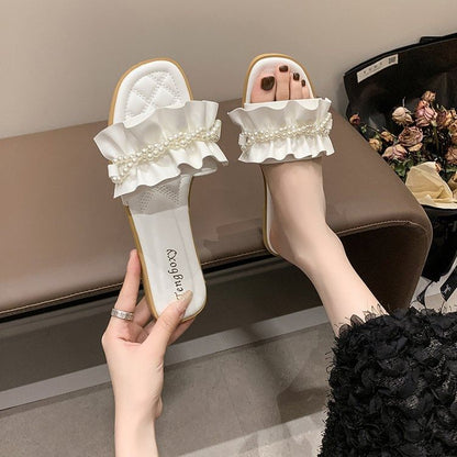 Ruffle Pearl Slide Sandals Faux