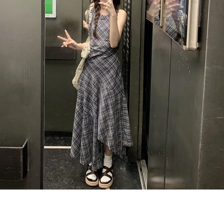 Neck Dress Plaid Sleeveless Maxi Asymmetrical A-Line Round