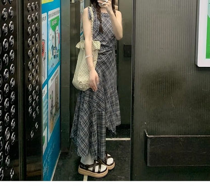 Neck Dress Plaid Sleeveless Maxi Asymmetrical A-Line Round