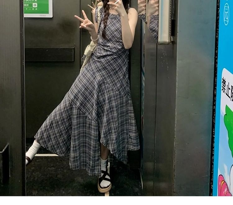 Neck Dress Plaid Sleeveless Maxi Asymmetrical A-Line Round