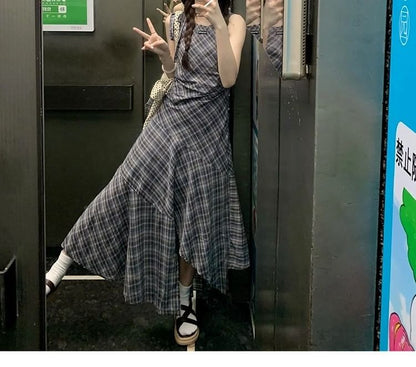 Neck Dress Plaid Sleeveless Maxi Asymmetrical A-Line Round