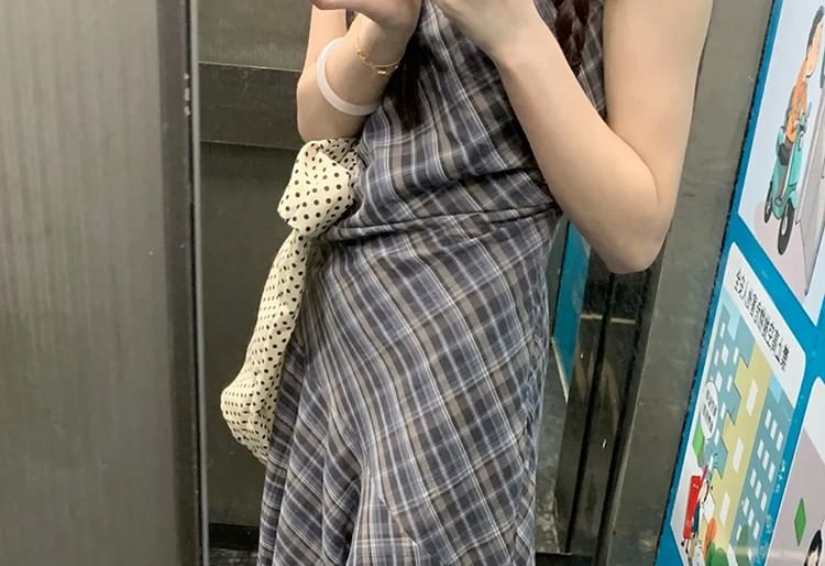 Neck Dress Plaid Sleeveless Maxi Asymmetrical A-Line Round