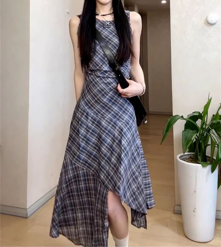 Neck Dress Plaid Sleeveless Maxi Asymmetrical A-Line Round