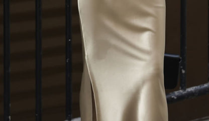 Plain Pencil Midi Satin Rise Slit Skirt High