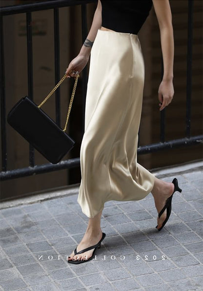 Plain Pencil Midi Satin Rise Slit Skirt High