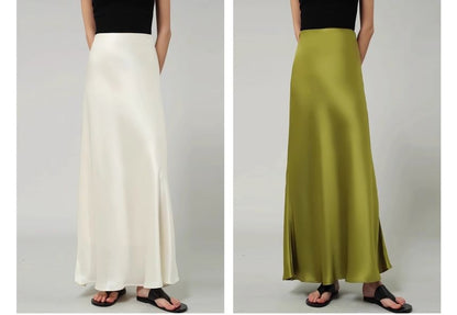Maxi Plain A-Line Satin High Waist Skirt