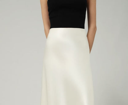 High Waist Plain Satin Maxi A-Line Skirt