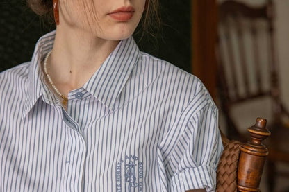 Collared Striped Embroidered Button-Up Blouse Elbow-Sleeve