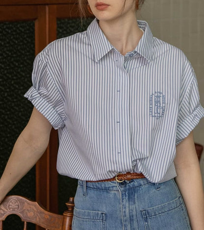 Collared Striped Embroidered Button-Up Blouse Elbow-Sleeve