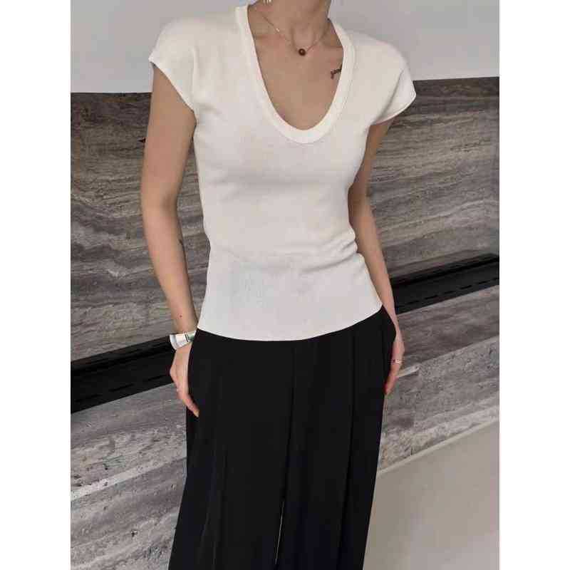 Wholesale Sample Cap-Sleeve Scoop Neck Plain Slim Fit Knit Top