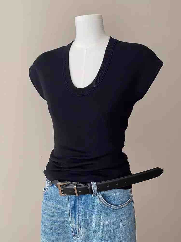 Wholesale Sample Cap-Sleeve Scoop Neck Plain Slim Fit Knit Top