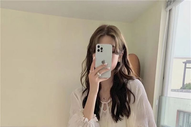 Skirt Plain Sheer Front Blouse H-Line Midi Long-Sleeve High Tie Set Cami V-Neck / Sequin Rise Top