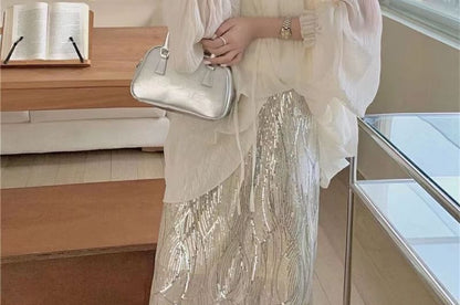 Skirt Plain Sheer Front Blouse H-Line Midi Long-Sleeve High Tie Set Cami V-Neck / Sequin Rise Top