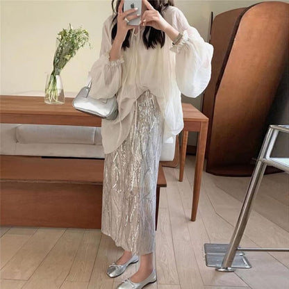 Skirt Plain Sheer Front Blouse H-Line Midi Long-Sleeve High Tie Set Cami V-Neck / Sequin Rise Top